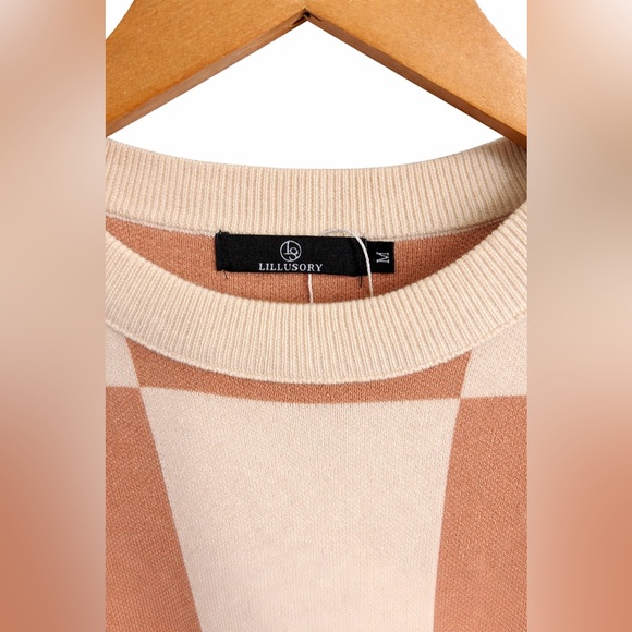 Checkered Academia Apricot Sweater M Preppy Batwing Side Slit - Picture 4 of 4